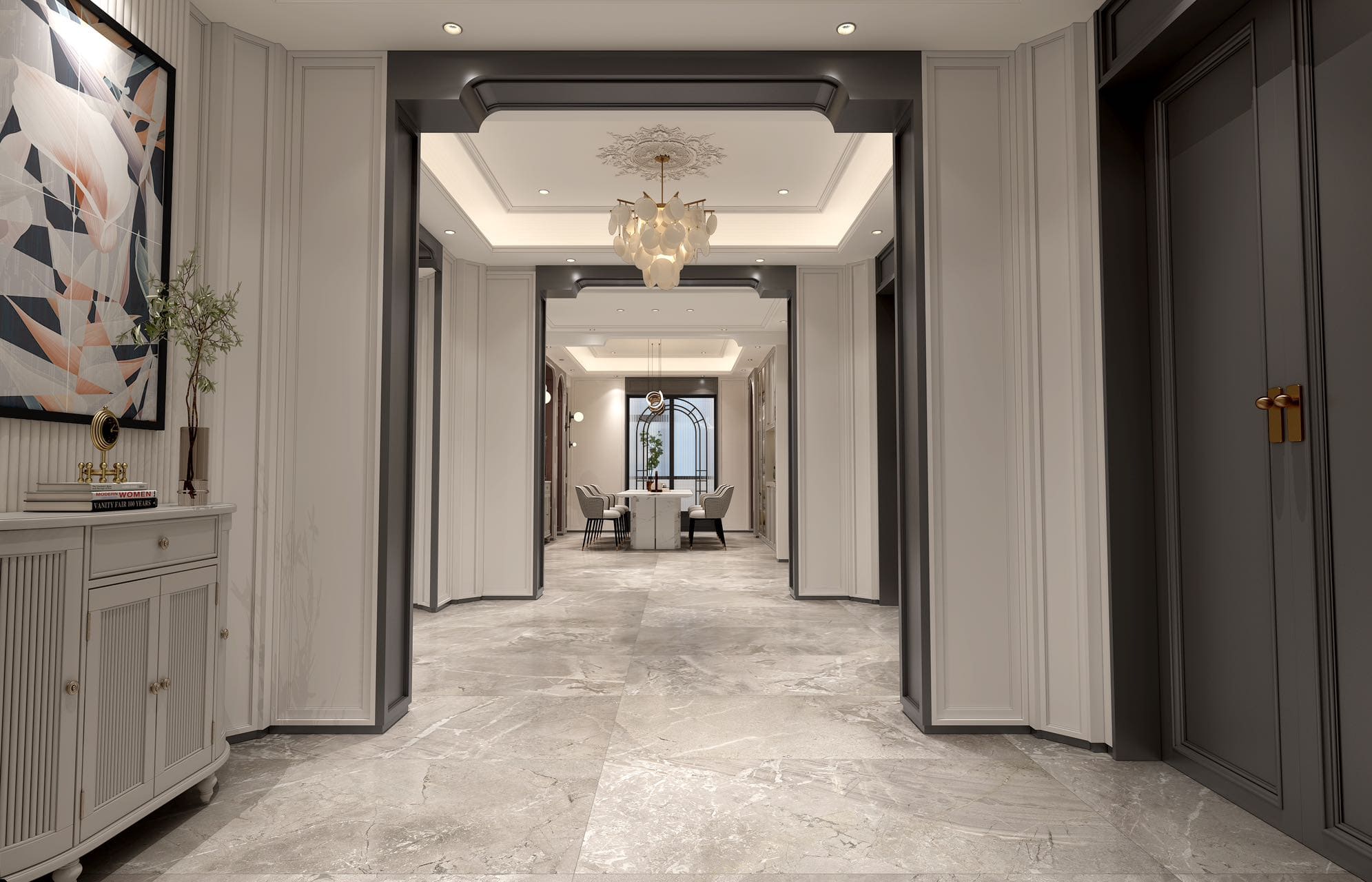 A grand luxury home hallway with grey marble floor tiles leading through bold dark-framed archways toward an elegant dining room suite under a decorative chandelier.