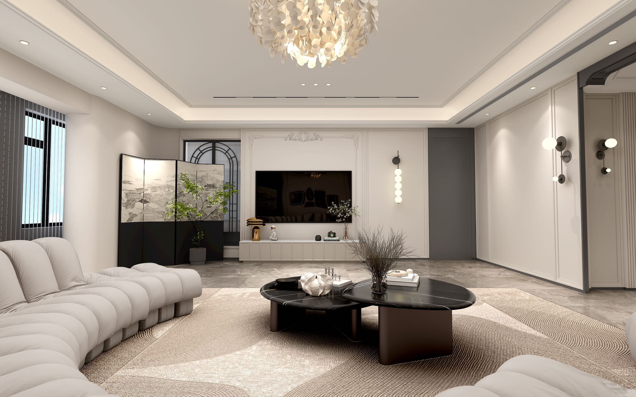 Spacious luxury living room featuring a curved cream sectional sofa, nested black marble coffee tables, an ornate ceiling chandelier, and a minimalist wall-mounted TV.