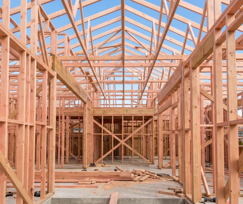 Interior view of a new residential house under construction showing the unfinished wooden timber framing, studs, and roof trusses against a blue sky.